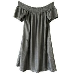 Jane and Delancey Gray Blue Tencel Mini Dress Sz L Short Sleeve Pockets Smocked